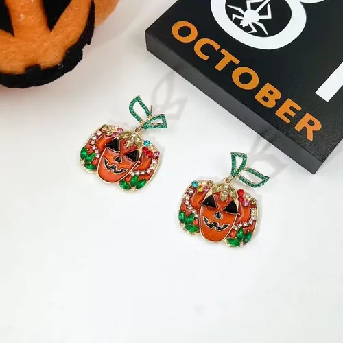 Vista 5 de Aretes de calabaza de Halloween para mujer, aretes colgantes de calabaza de cristal rojo, gato negro, calabaza roja, aretes de calabaza de Acción