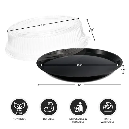 Vista 4 de Party Essentials N121721 Bandeja de plástico duro con tapas transparentes de cúpula, 12 pulgadas, color negro