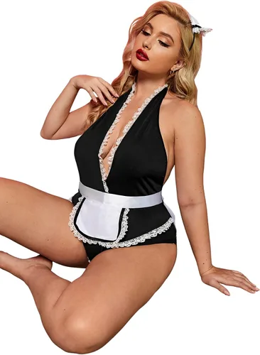 Vista 4 de Romwe Conjunto de traje de encaje elástico para mujer de Lingeire de talla grande