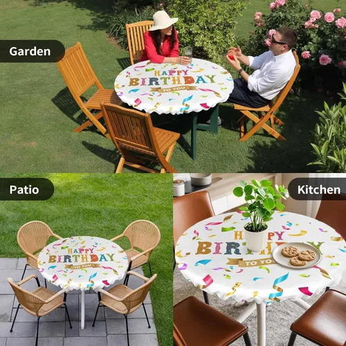 Vista 9 de Mantel redondo ajustable de feliz cumpleaños, con diseño de rayas de colores, diseño de lunares, elástico, impermeable, para interiores
