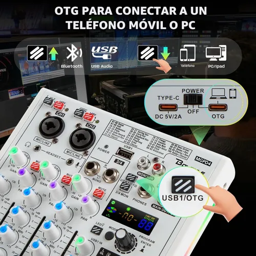 Vista 4 de Bolanle Mezclador de audio profesional de 4 canales con tarjeta de sonido integrada y función de grabación, interfaz de audio USB/Bluetooth