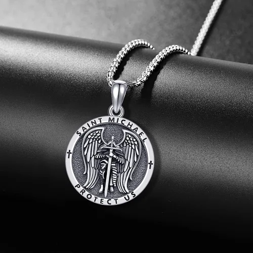 Vista 3 de Aniu Collar de plata de ley S925, San Miguel, San Cristóbal, San Benito, San Juda, Crucifijo de Jesús, San Uriel, Arcángel Rafael, San Patricio, San
