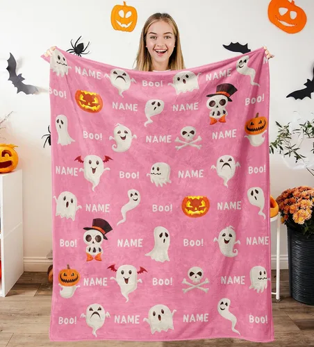 Vista 9 de Manta de Halloween personalizada con nombre, mantas de Halloween personalizadas para niños, Halloween personalizada para niños y niñas, bonita manta