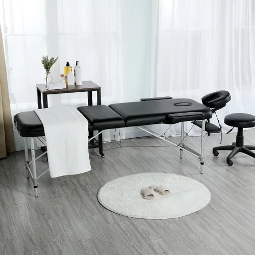 Vista 2 de Yaheetech Mesa de masaje plegable de aluminio con taburete rodante, cama de masaje portátil, taburete de cama de spa, silla giratoria ajustable