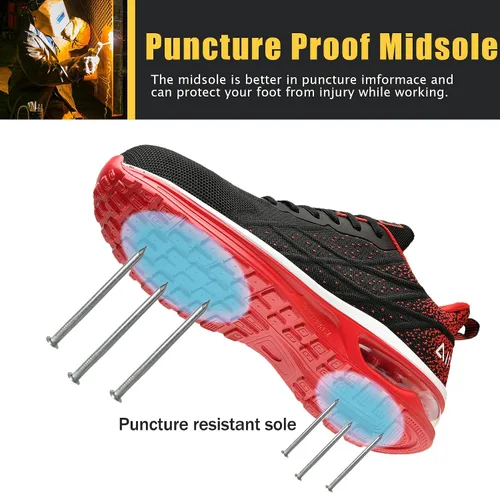 Vista 3 de HiHatide - Zapatos con punta de acero para hombre, zapatos de trabajo, zapatos de seguridad, con amortiguación de aire, ligeros, antideslizantes