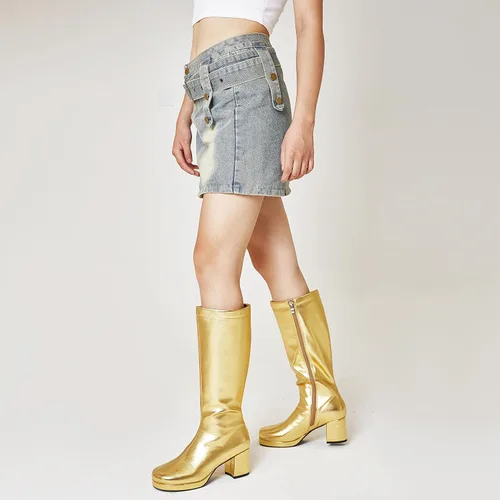 Vista 6 de CYNLLIO Botas de media pantorrilla para mujer, botas de plataforma de tacón alto grueso, botas de moda de piel sintética de color sólido, botas