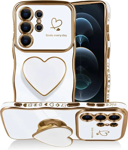 Vista 26 de Funda para Samsung Galaxy S23 Love-Heart Holder Case Cute Black Luxury Wave Frame forma rizada con corazón de amor, cubierta protectora de TPU suave