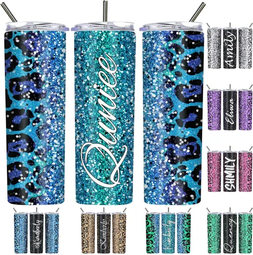 Vista 16 de Vasos personalizados con estampado de leopardo con tapas y pajitas, vasos delgados personalizados de 20 onzas con nombres para mujeres y hombres