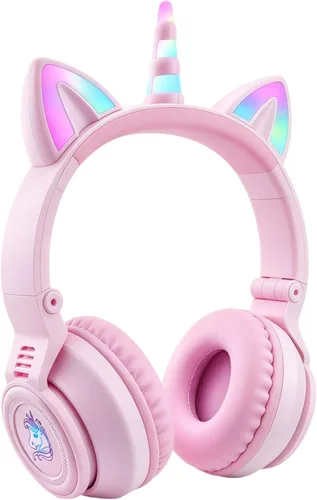 Vista 10 de Auriculares de unicornio para niñas, auriculares Bluetooth de unicornio para niños pequeños, portátil, teléfonos celulares, uso en avión Negro