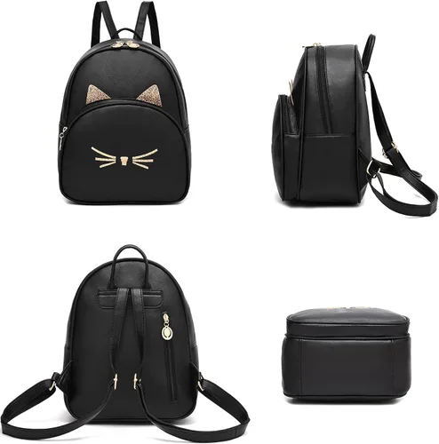 Vista 2 de Mini mochila para niñas, adolescentes y mujeres, pequeña mochila de moda de cuero sintético con estampado de gato