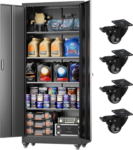 Vista 17 de Greenvelly Armario de almacenamiento de metal con cerradura, gabinete de almacenamiento cerrado negro de 72 pulgadas con 2 puertas y 4 estantes