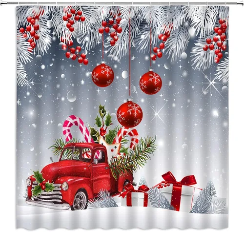 Vista 5 de Cortina de ducha de Feliz Navidad, bola de Navidad roja, camión retro, hojas de pino blanco, bayas, caja de regalo de Navidad, vacaciones, feliz año
