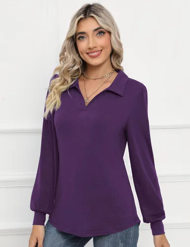 Vista 5 de LOMON Camisas tipo polo de manga larga con cuello en V y manga abombada para mujer