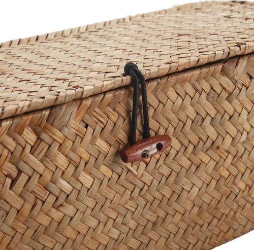 Vista 5 de DECRAFTS Cesta de almacenamiento de pastos marinos con tapa, rectangular, pequeña, tejida con secciones para organizar aperitivos, juguetes, tampón