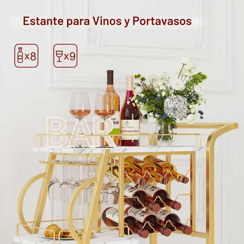 Vista 3 de Carrito de Bar, Carrito de Bar Dorado para el Hogar, Carrito de Servicio con Soporte para Copas de Vino, Carrito de Bebidas de 3 Niveles con Ruedas