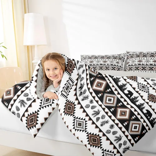 Vista 5 de Castle Fairy Juego de edredón con estampado azteca occidental, juego de ropa de cama geométrica a rayas marrones para niños y adolescentes