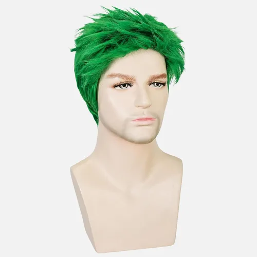 Vista 6 de Peluca verde para hombre corta recta en capas masculina peluca verde resistente al calor sintético reemplazo del pelo Verde oscuro