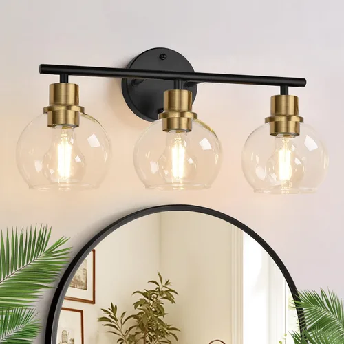 Vista 15 de Indoi Juego de 2 apliques de pared negros mate, lámparas de tocador de vidrio transparente con base E26, luces de pared reversibles arriba o abajo