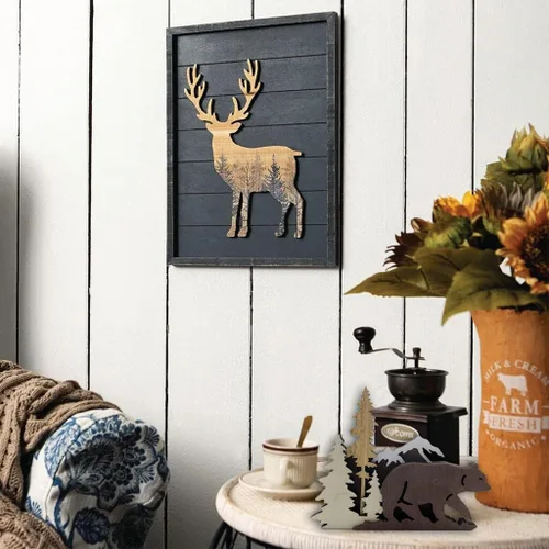 Vista 5 de Surakey Estatuas y figuras de madera, ciervos animales, osos, lobo, bosque, alce, decoración del hogar, siluetas de bosque multicapa y esculturas