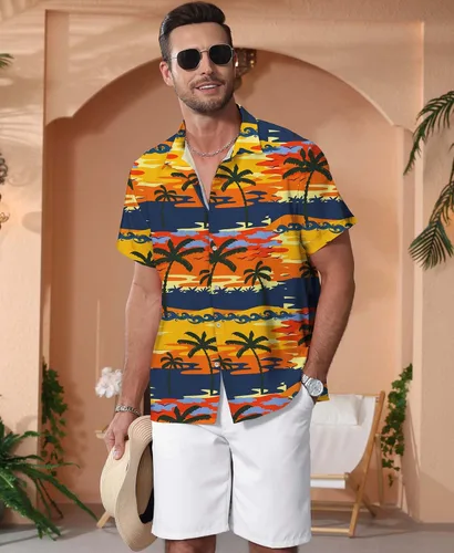 Vista 37 de KYKU - Camisa hawaiana funky para hombre, ropa tropical para vacaciones en Palm Beach