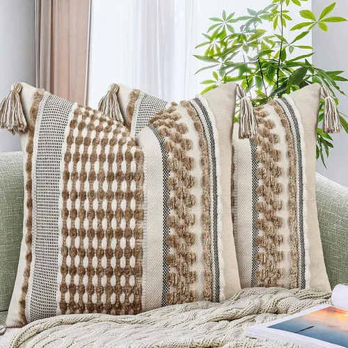 Vista 7 de AmHoo - Fundas de almohada de 18 x 18 pulgadas con borlas, fundas de almohada decorativas tejidas con textura de chenilla estilo boho para sofá