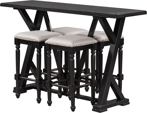 Vista 5 de Mid-Century - Juego de comedor de 5 piezas, altura de mostrador, mesa consola de madera con patas de caballete y 4 taburetes para lugares pequeños