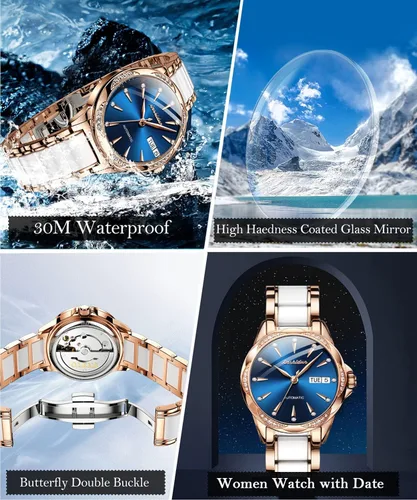 Vista 4 de Reloj automático de cerámica de acero inoxidable para mujer reloj mecánico de 984ft impermeable oro rosa elegante para mujer esfera de concha