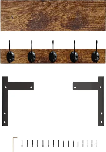 Vista 9 de Ganchos de pared con estante, perchero de madera con estante montado en la pared, estantes colgantes de entrada con 5 ganchos de metal para ropa
