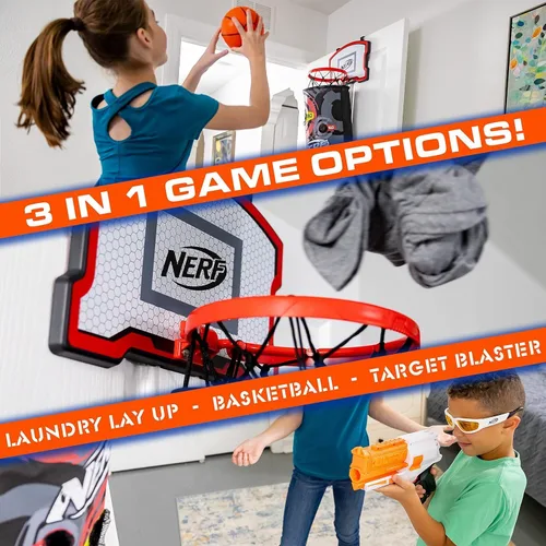 Vista 8 de NERF Cesta de aro de baloncesto – Cesta para ropa sucia sobre la puerta + objetivo de disparo – Mini canasta de aro + juego de baloncesto