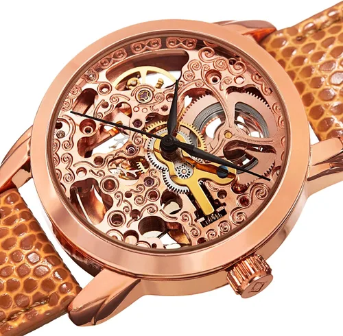 Vista 2 de Akribos XXIV Reloj automático de esqueleto para mujer - Reloj de pulsera de acero inoxidable y correa de cuero - AK431