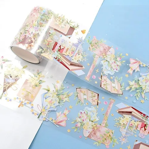 Vista 18 de Cinta washi de rosa para collage original de flores, creatividad, hecha a mano, para libro de diario, material PET con efecto láser (90387)