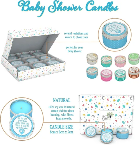 Vista 8 de Majestic Zen Juego de regalo de velas para baby shower, paquete de 9 velas de cera de soja perfumadas neutrales, aroma a polvo fresco para bebé, 30