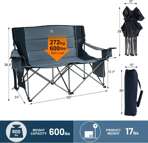 Vista 2 de TIMBER RIDGE Sillas de camping dobles de gran tamaño, sofá de campamento, sofá de dos plazas para 2 personas, silla de campamento plegable doble