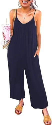 Vista 2 de Overol casual sin mangas para mujer, cuello en V, correa ajustable, pantalones largos sueltos con bolsillos