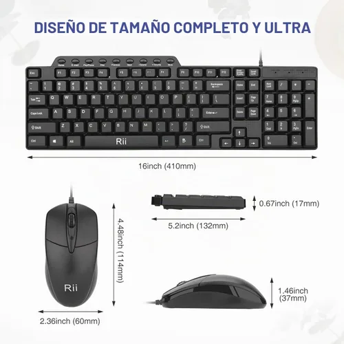 Vista 3 de Rii RK203 - Juego combinado de teclado y teclado básico con cable USB de tamaño ultra completo con teclado con teclado numérico para computadora