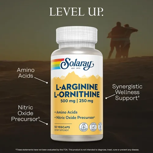 Vista 3 de SOLARAY L Arginine L Ornitina 750mg Suplemento de aminoácidos - Precursores del óxido nítrico - Aminoácidos no esenciales que apoyan el bienestar