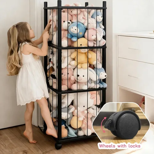 Vista 5 de Almacenamiento de madera para animales de peluche, organizador de juguetes de madera maciza resistente con ruedas bloqueables, fácil