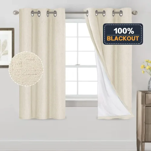 Vista 6 de PrinceDeco Cortinas con textura de lino 100% opacas de 64 pulgadas de largo, juego de 2 paneles de cortinas de lino opacas con forro aislante Arena