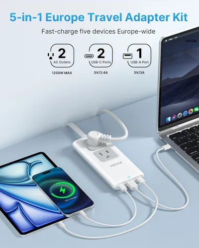 Vista 2 de Adaptador de enchufe de viaje europeo, adaptador de viaje universal VINTAR con cable de extensión de 5 pies, 2 salidas y 3 puertos USB, enchufe tipo
