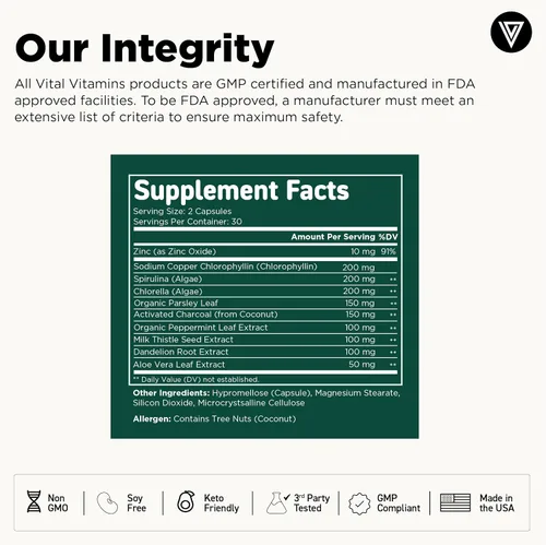 Vista 7 de Vital Vitamins Pastillas de clorofila – Suplemento desodorizante corporal – Hecho con espirulina, clorella, perejil orgánico, menta y carbón
