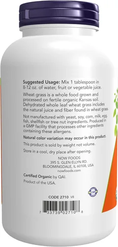 Vista 3 de NOW Suplementos, certificado orgánico y sin OMG, polvo de hierba de trigo, superalimento verde, 9 onzas