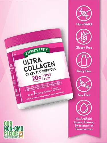 Vista 3 de Nature's Truth Colágeno en polvo 7 onzas Tipo I y III Sin sabor Péptidos alimentados con pasto y apto para Keto Suplemento sin OMG y sin
