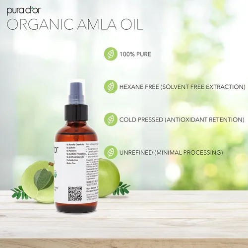 Vista 4 de PURA D'OR Aceite Amla orgánico de 4 onzas, 100% puro certificado por USDA de grado premium, prensado en frío, sin refinar, virgen extra, suero