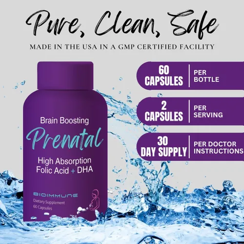Vista 5 de BioImmune Vitaminas prenatales biodisponibles ultra fuertes para mujeres, ácido fólico folato metilado de origen natural, DHA Omega 3. Apoya