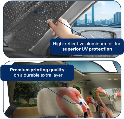 Vista 4 de GENANY - Cubierta de parabrisas de flamenco para automóvil, SUV, camión (55 x 30 pulgadas), protector térmico plegable, persianas para ventanas