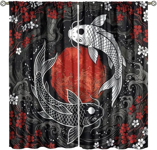 Vista 39 de Cortinas de cerezo, paisaje japonés, árbol de cerezo natural, primavera, dormitorio, sala de estar, ventana, 2 juegos de paneles, 42 x 45 pulgadas