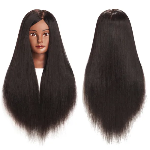 Vista 9 de Cabeza de Entrenamiento 26"-28" Cabeza de Maniquí para Peinado Maniquí de Cosmetología Cabeza de Muñeca Cabello de Fibra Sintética