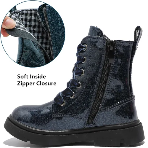 Vista 4 de DADAWEN Botas de tobillo con purpurina para niños y niñas, zapatos de combate impermeables con cremallera lateral para niños pequeños, niños grandes