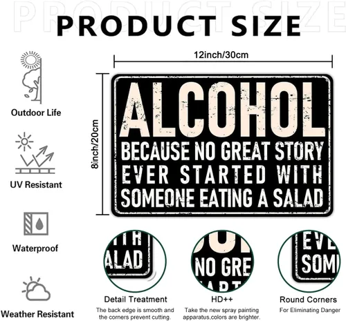 Vista 2 de Crazysign Letrero divertido de barra con texto en inglés "Alcohol Because No Great Story Ever Started with Someone Eating Salad Tin Salad Tin