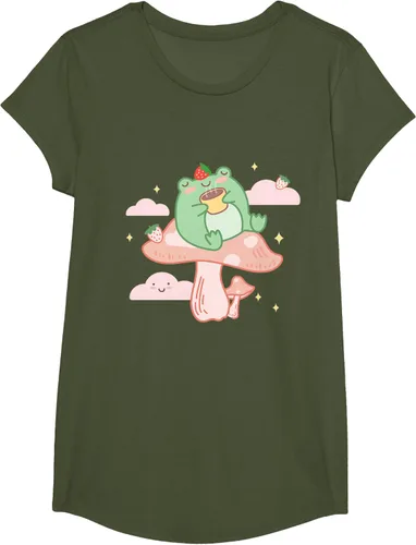 Vista 69 de Kawaii Strawberry Frog On Mushroom - Camiseta de manga corta de anime, Azul / Patchwork, S Azul Pastel